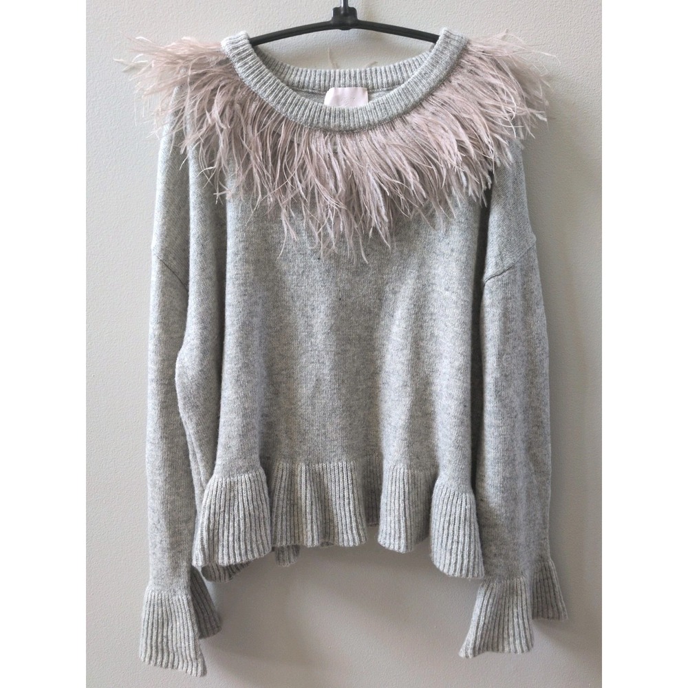 Cinq a Sept Ostrich Fur Wool Cardigan Sweater Pullover Knitted Gray Size L